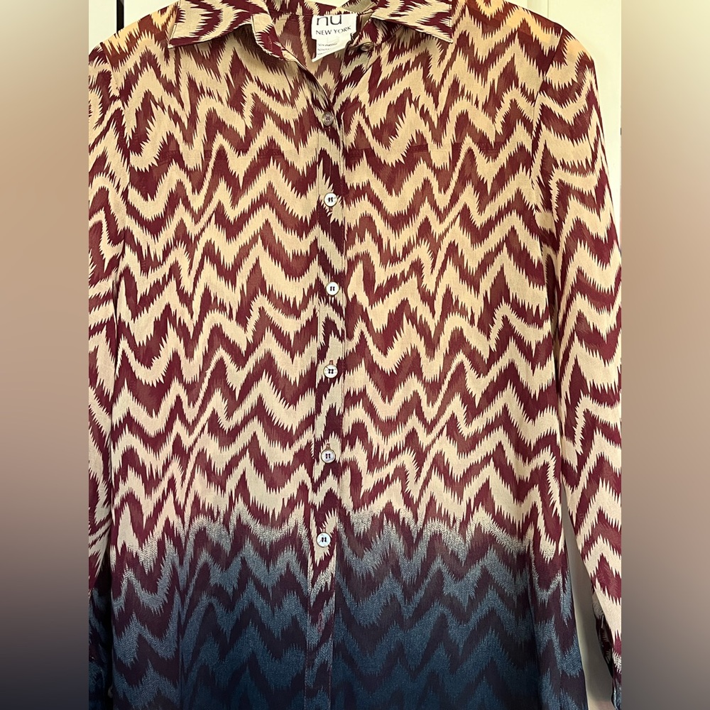 Sheer Abstract Button-Up Blouse - Size Small. Omb… - image 1